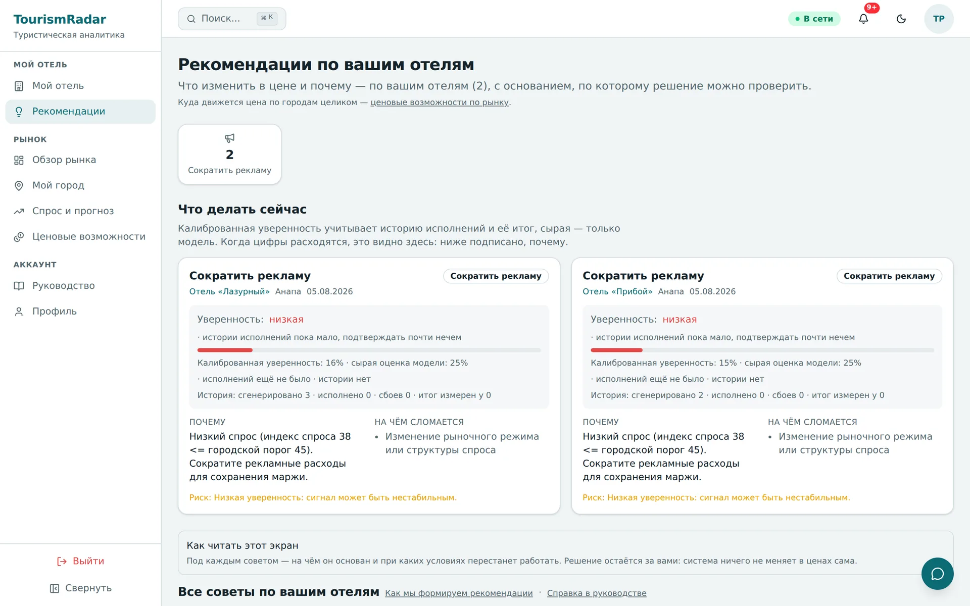 Экран рекомендаций: карточки советов с калиброванной уверенностью, обоснованием и условиями, при которых совет перестанет работать